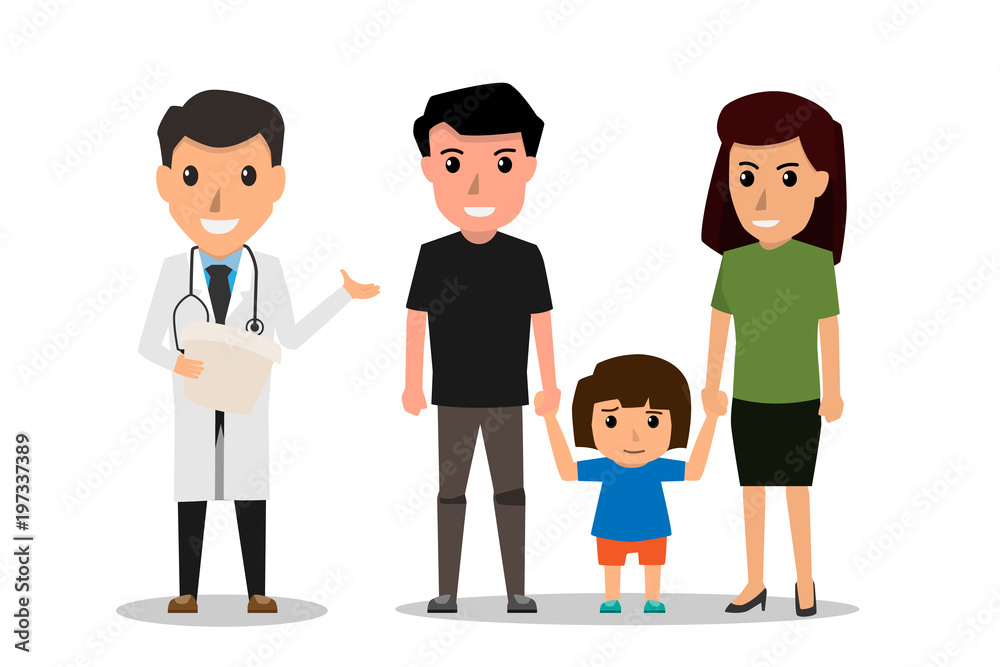 Family to see Doctor in hospital, infirmary, clinic. Character professional physician on workplace. Mother and her son with doctor. health care cartoon character vector illustration.