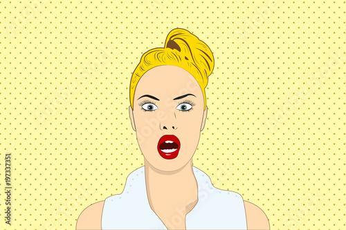 strongly surprised, emotional, beautiful girl on yellow background. pop-art style.