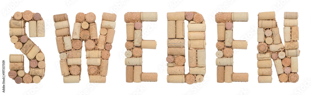 Word Sweden made of wine corks Isolated on white background