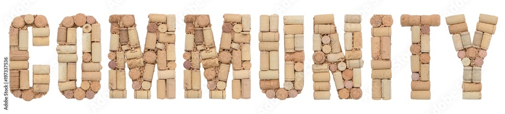 Word Community word made of wine corks Isolated on white background