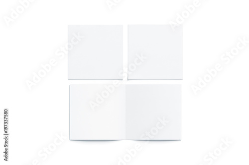 Blank white two folded square booklet mock up, opened and closed, front and back side, top view, 3d rendering. Plain twofold brochures mockups set isolated. Book cover and flier inside, copy space.