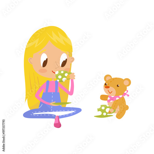Blonde little girl playing with her teddy bear at tea party, cute cartoon character vector Illustration on a white background