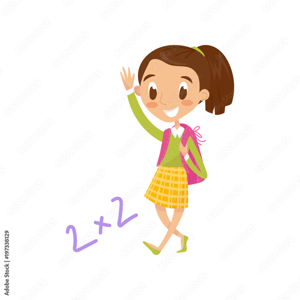 Schoolgirl carrying backpack and waving her hand, education and knowledge concept, colorful cartoon character vector Illustration on a white background Schoolgirl carrying backpack and waving her hand, education and knowledge concept, colorful cartoon character vector Illustration on a white background