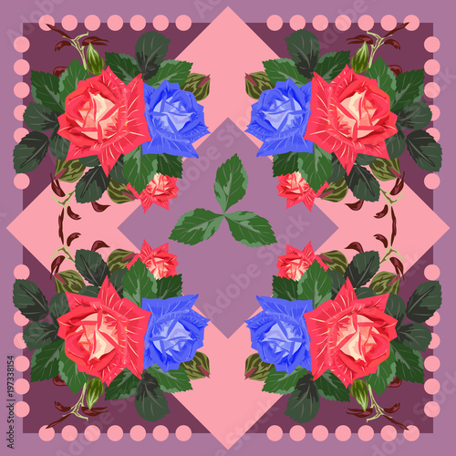 Square flower arrangement. Pattern for printing on scarves, postcards, carpets, bandanas, napkins, home textiles.