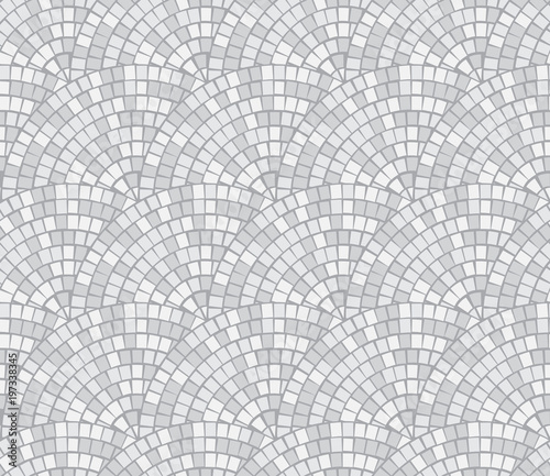 Abstract mosaic Break by Row seamless pattern. Fragments of a circle laid out from tiles trencadis. Vector background.