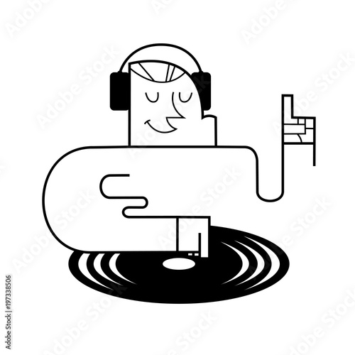 Young caucasian DJ mixing music on vinyl turntables. Vector cartoon illustration
