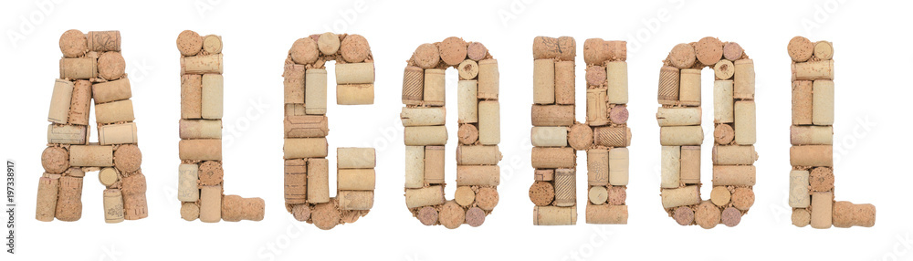 Word Alcohol made of wine corks on a white background. Isolated