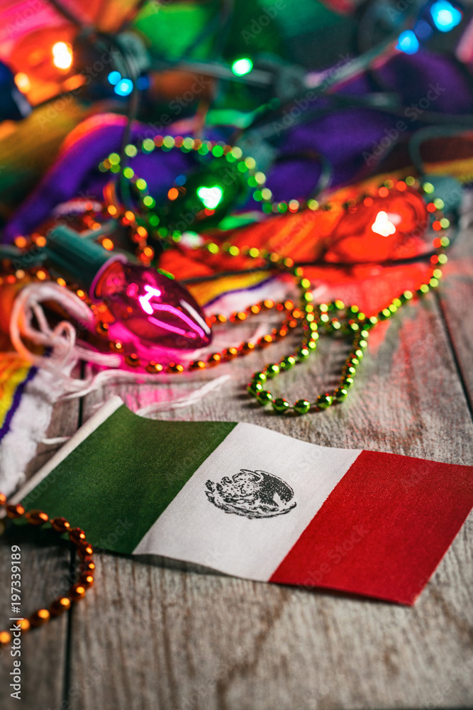 Fiesta: Mexican Flag In Focus With Glowing Party Lights Fiesta: Mexican Flag In Focus With Glowing Party Lights