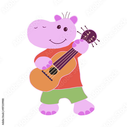 Vector hand drawn funny pink hippo playing the guitar or ukulele