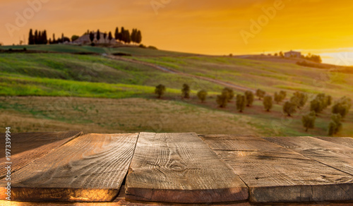 Fototapeta Naklejka Na Ścianę i Meble -  wooden planks with Italian landscape on background. Ideal for product placement