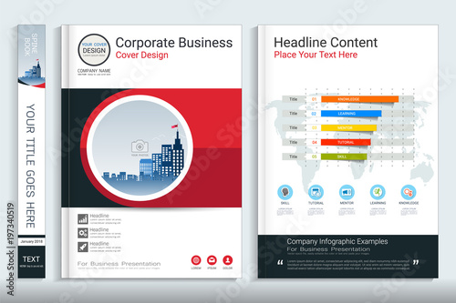 Cover book design template with business infographics data report chart, Use for annual report, proposal, portfolio, brochure, flyer, leaflet, catalog, magazine, booklet, Vector template in A4 layout.