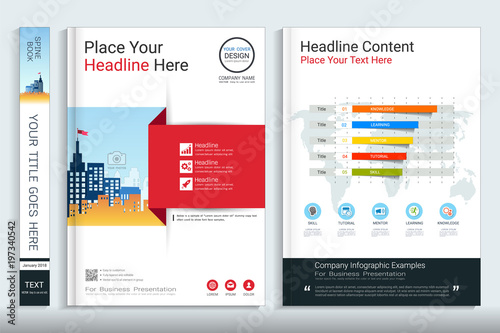 Cover book design template with business infographics data report chart, Use for annual report, proposal, portfolio, brochure, flyer, leaflet, catalog, magazine, booklet, Vector template in A4 layout.