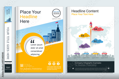 Cover book design template with business infographics data report chart, Use for annual report, proposal, portfolio, brochure, flyer, leaflet, catalog, magazine, booklet, Vector template in A4 layout.