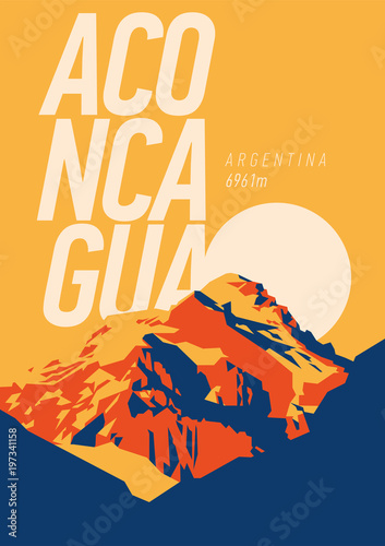 Aconcagua in Andes, Argentina outdoor adventure poster. High mountain at sunset illustration.