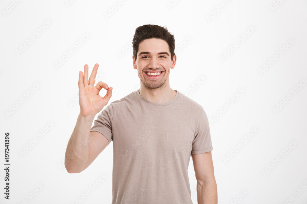 Photo of content unshaved guy 30s wearing beige t-shirt gesturing ok sign on camera with candid smile, isolated over white background Photo of content unshaved guy 30s wearing beige t-shirt gesturing ok sign on camera with candid smile, isolated over white background