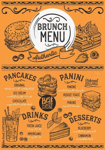 Brunch restaurant menu. Vector food flyer for bar and cafe. Design template with vintage hand-drawn illustrations.