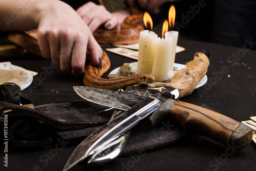 The snake climbs on the ritual knives