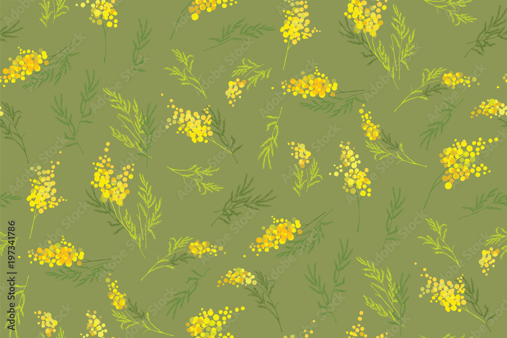 Obraz premium Yellow mimosa, flowers of yellow spots, splashes. Spring wreath of the brightest yellow flowers. Hello Spring