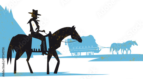 Canvastavla western scene illustration of settlers with stagecoach wagon