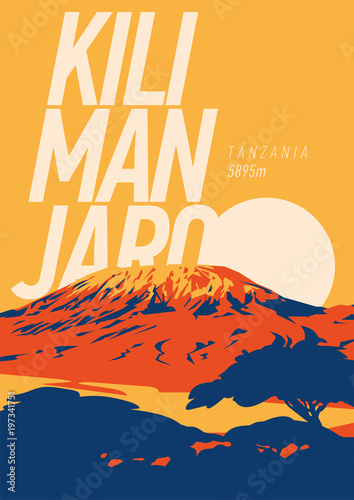 Mount Kilimanjaro in Africa, Tanzania outdoor adventure poster. Higest volcano on Earth at sunset illustration. photo