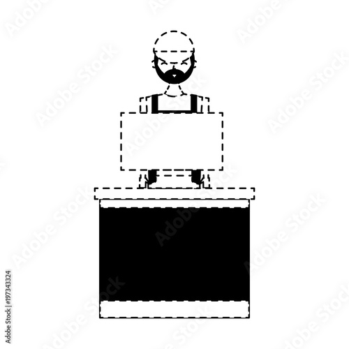 barista female in uniform standing behind cash register vector illustration dotted line design