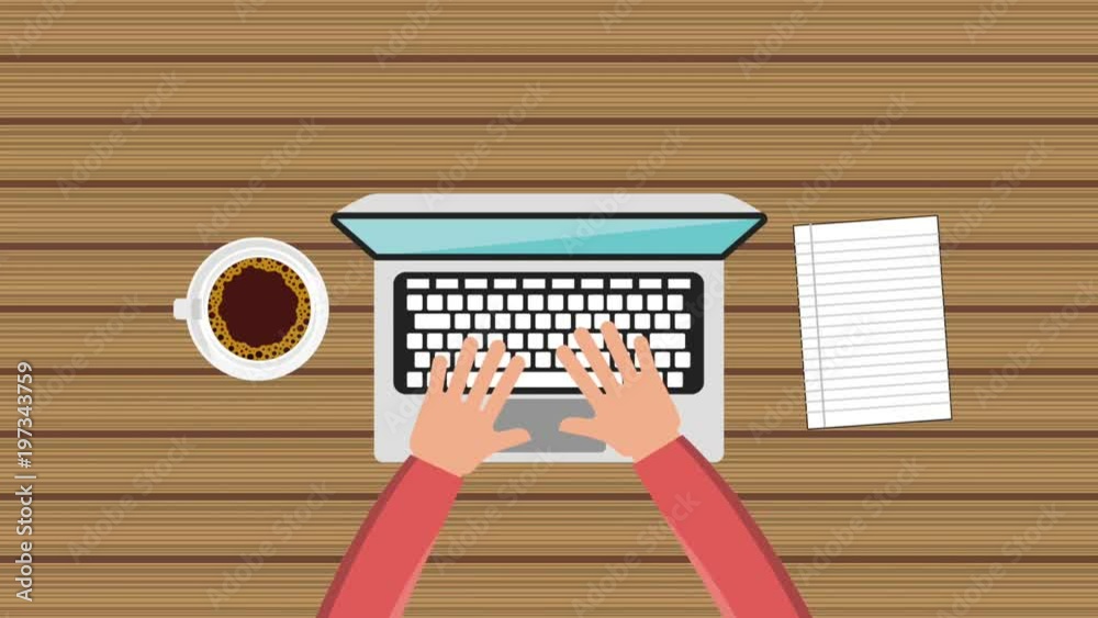 hand using laptop and blank paper coffee cup animation