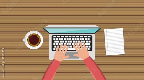 hand using laptop and blank paper coffee cup animation