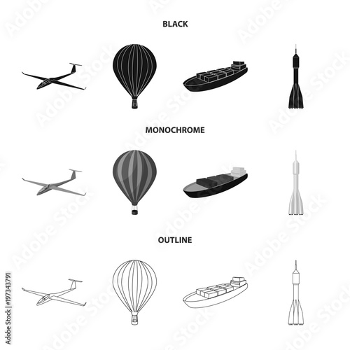 A drone, a glider, a balloon, a transportation barge, a space rocket transport modes. Transport set collection icons in black,monochrome,outline style vector symbol stock illustration web.