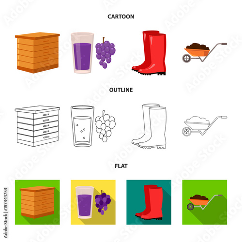 Hive, grapes, boots, wheelbarrow.Farm set collection icons in cartoon,outline,flat style vector symbol stock illustration web.