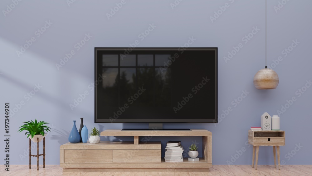 Smart TV on cabinet and dark wall background. 3d rendering