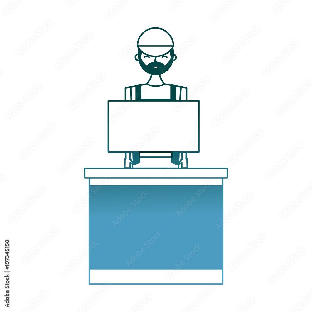 barista male in uniform standing behind cash register vector illustration gradient color design