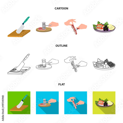 Cutlass on a cutting board, hammer for chops, cooking bacon, eating fish and vegetables. Eating and cooking set collection icons in cartoon,outline,flat style vector symbol stock illustration web.