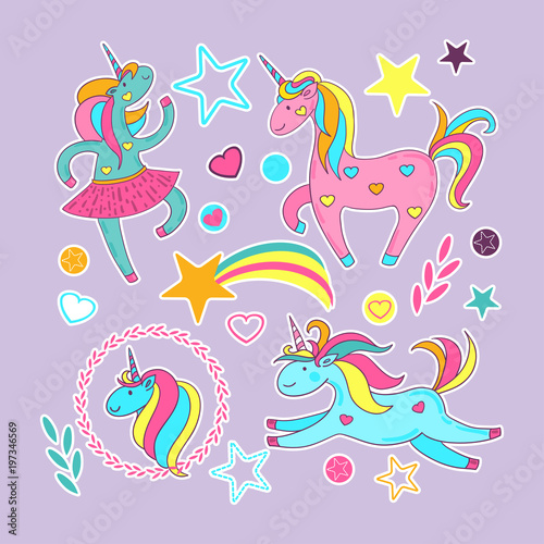 Set of stickers - cute cartoon unicorns  stars  hearts  circles  plants  rainbow. Vector illustration of hand-drawn