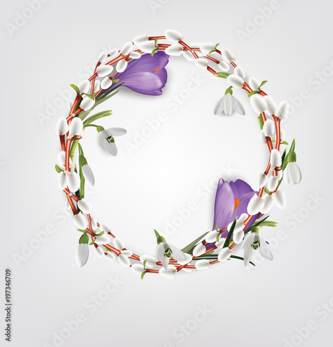 Wreath made of willow twigs, crocus, snowdrops. Natural decoration. Vector illustration