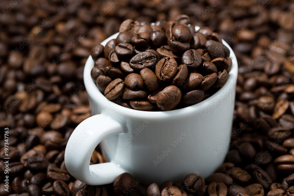 white cup in coffee beans, concept photo, closeup white cup in coffee beans, concept photo, closeup