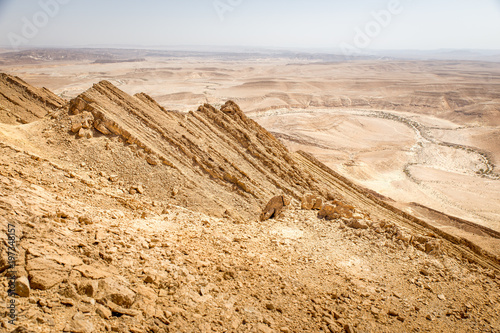 Desert crater mountain ridge cliffs landscape view, Israel nature. photo