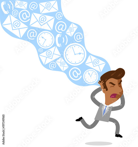 Vector illustration of a desperate asian cartoon businessman running from spam emails and deadline stress isolated on white background