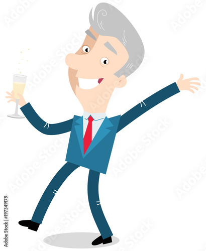 Vector illustration of an old cartoon businessman celebrating and drinking champagne isolated on white background