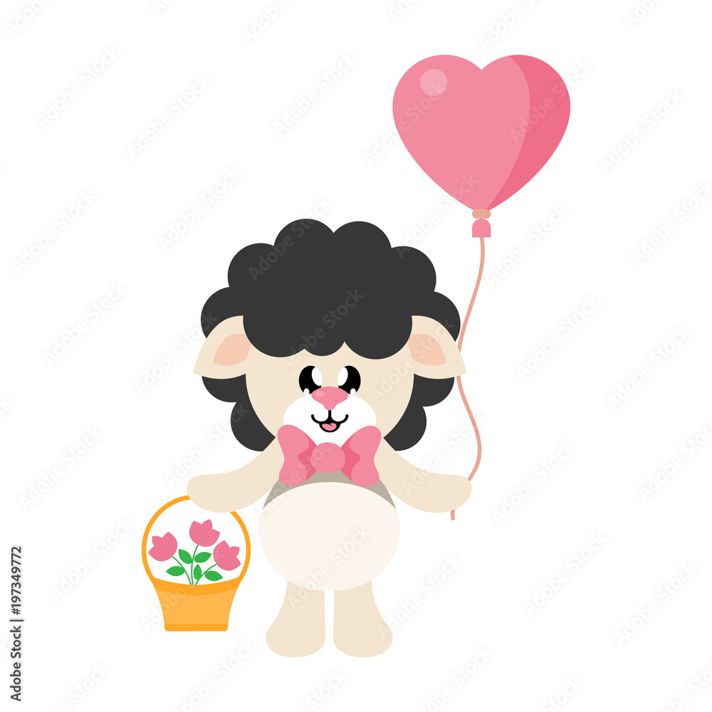 cartoon cute sheep black with tie and lovely balloons and basket with flowers