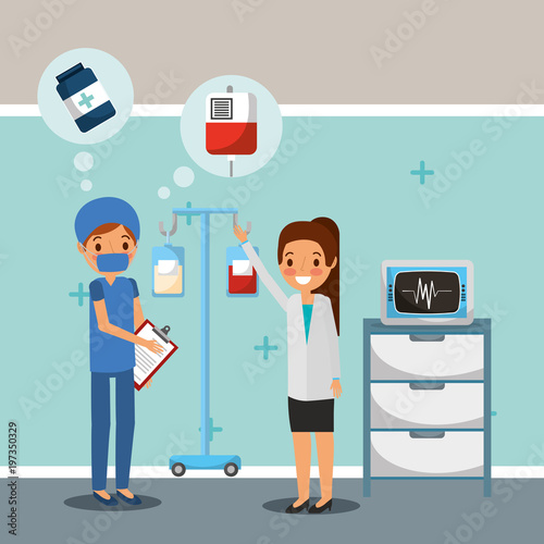 medical doctor surgeon and iv stand blood machine rate vector illustration