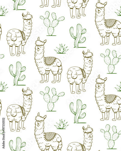 Hand drawn pattern of lamas and mexican plants. Vector illustration.