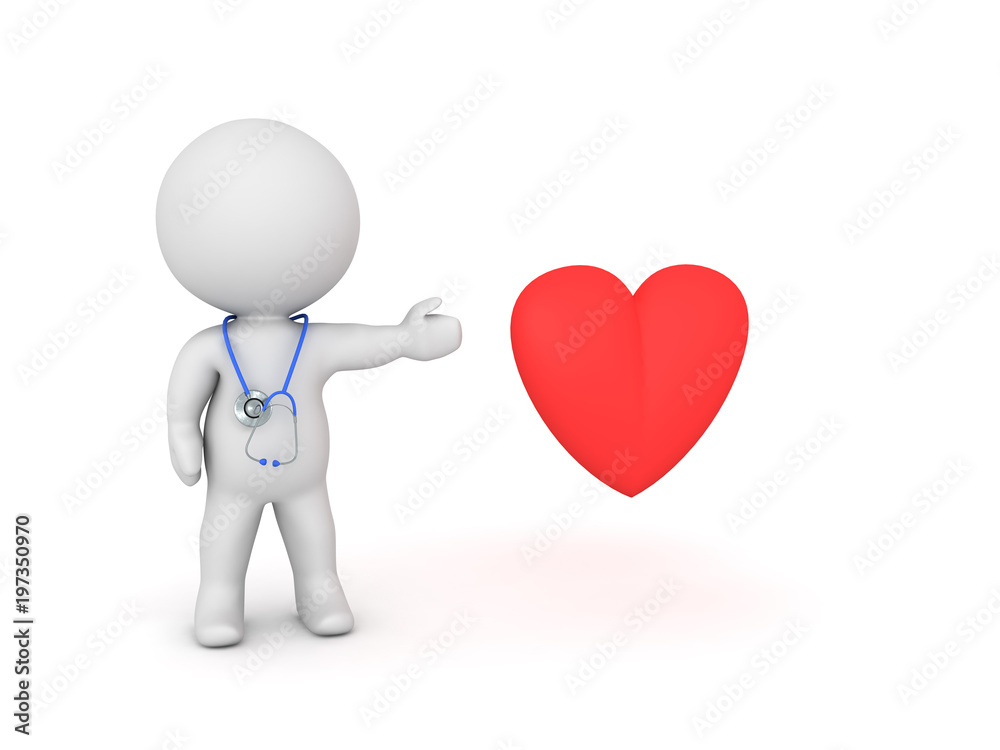 3D Character with stethoscope showing a red heart shape 3D Character with stethoscope showing a red heart shape