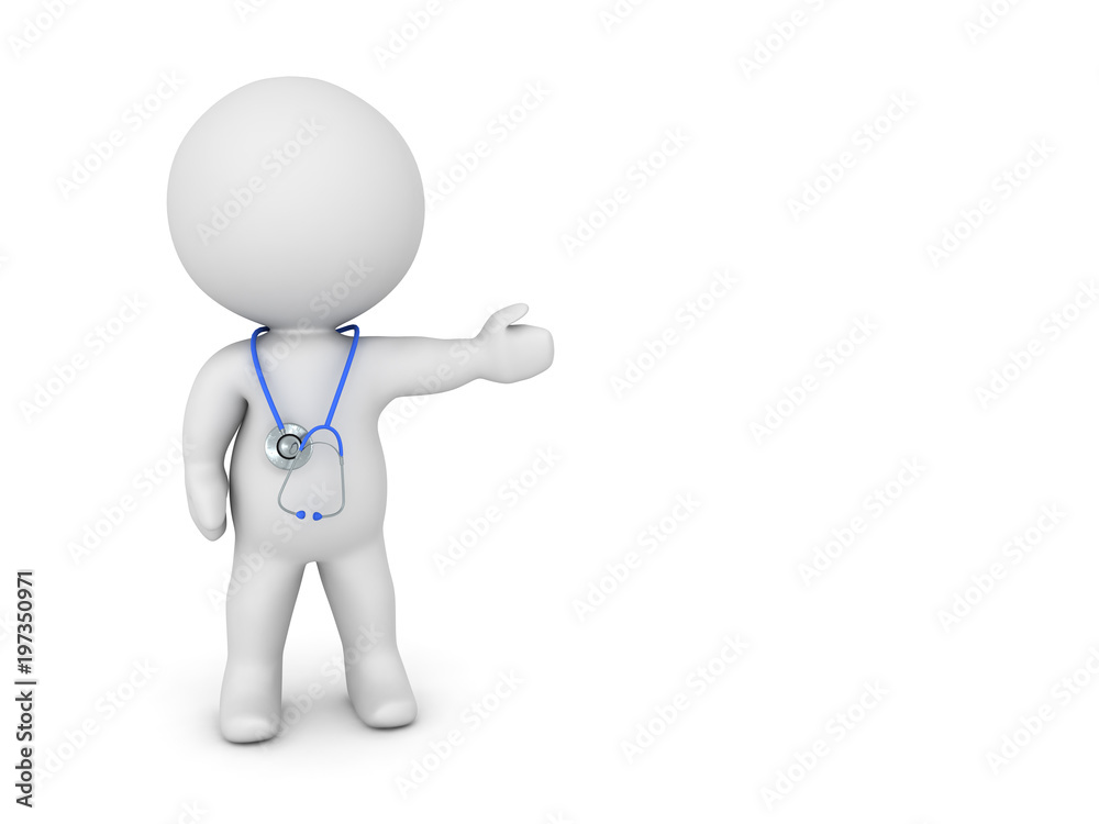 3D Character with stethoscope around neck pointing to the right 3D Character with stethoscope around neck pointing to the right