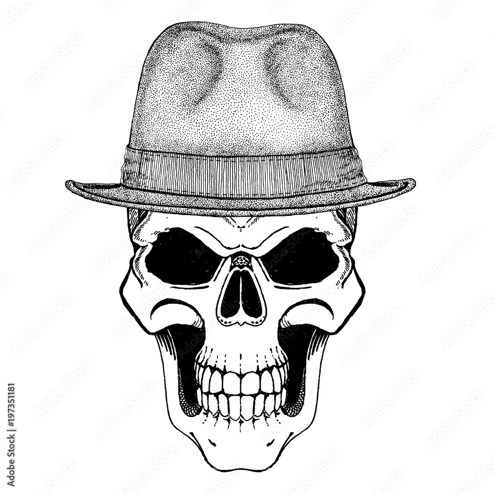 Skull wearing vintage hat. Gangster 