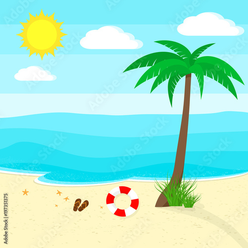 Fototapeta Naklejka Na Ścianę i Meble -  Ocean and beach. Vector illustration. Travel or vacation concept