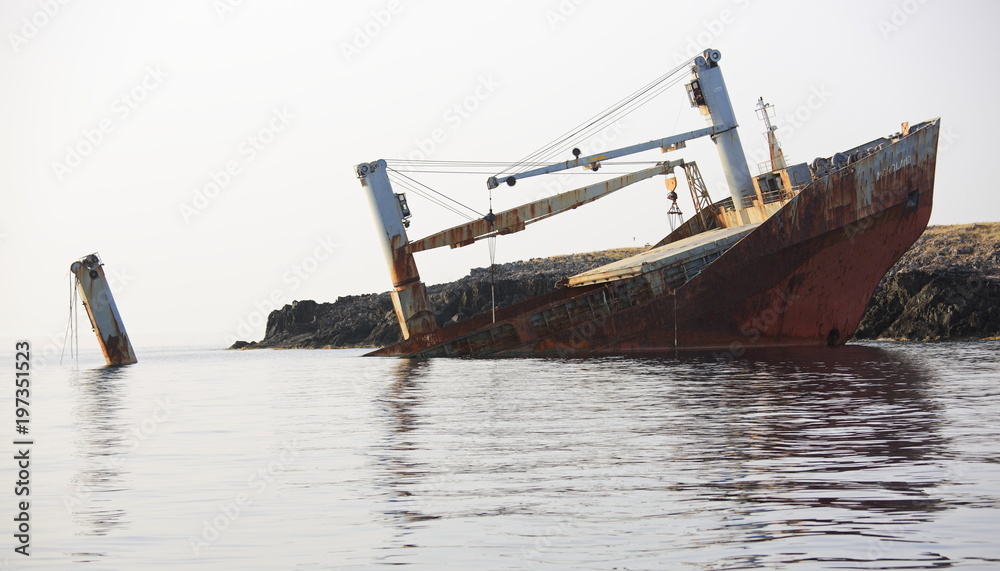 Abandoned broken ship wreck near Kythira island in Greece
