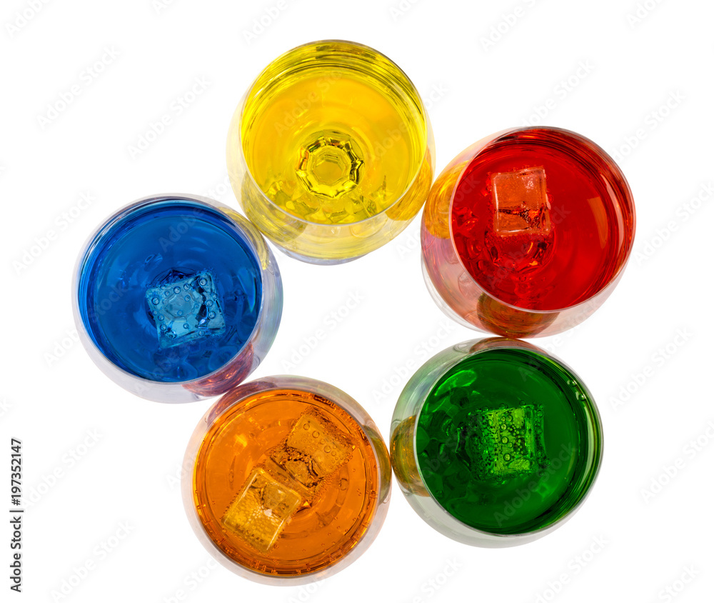Color of alcoholic and non-alcoholic drinks with ice in Crystal glasses on white background, close-up Color of alcoholic and non-alcoholic drinks with ice in Crystal glasses on white background, close-up