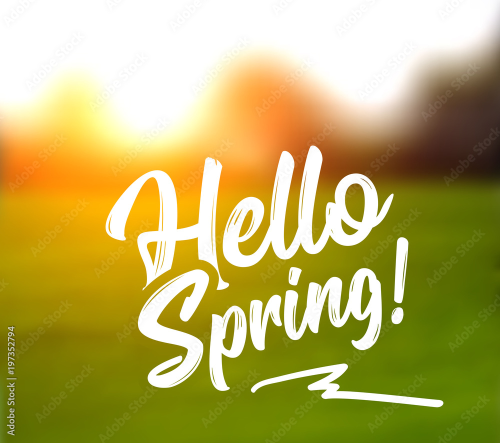 Naklejka premium Text message hello spring, against a background of a spring landscape