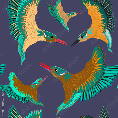 Kingfishers seamless pattern. Vector illustration of the birds on dark blue background
