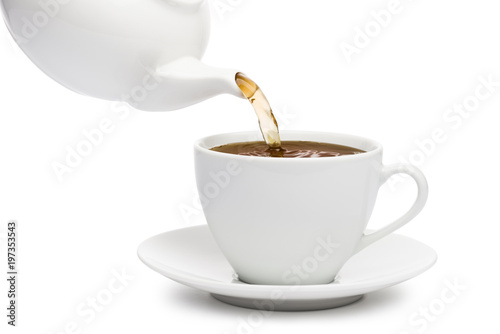 teapot pouring tea into cup on white background